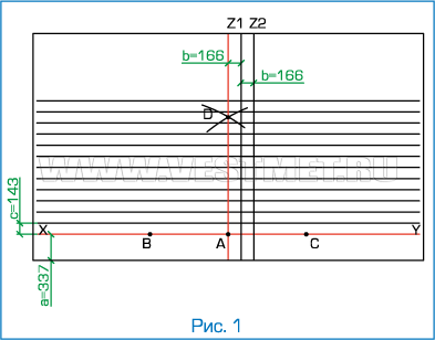 Лінія Z2 проводиться паралельно Z1 на такій же відстані;   від лінії XY з кроком в 14,3 см відбивають горизонтальні лінії з кроком 14,3 см до коника