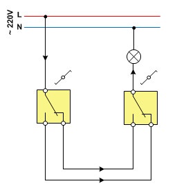 Розглянемо схему підключення прохідних перемикачів з керуванням з двох місць