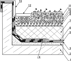 На наступному малюнку показані шари конструкції примикання покрівлі до парапету для інверсійної системи експлуатованого покриття покрівлі